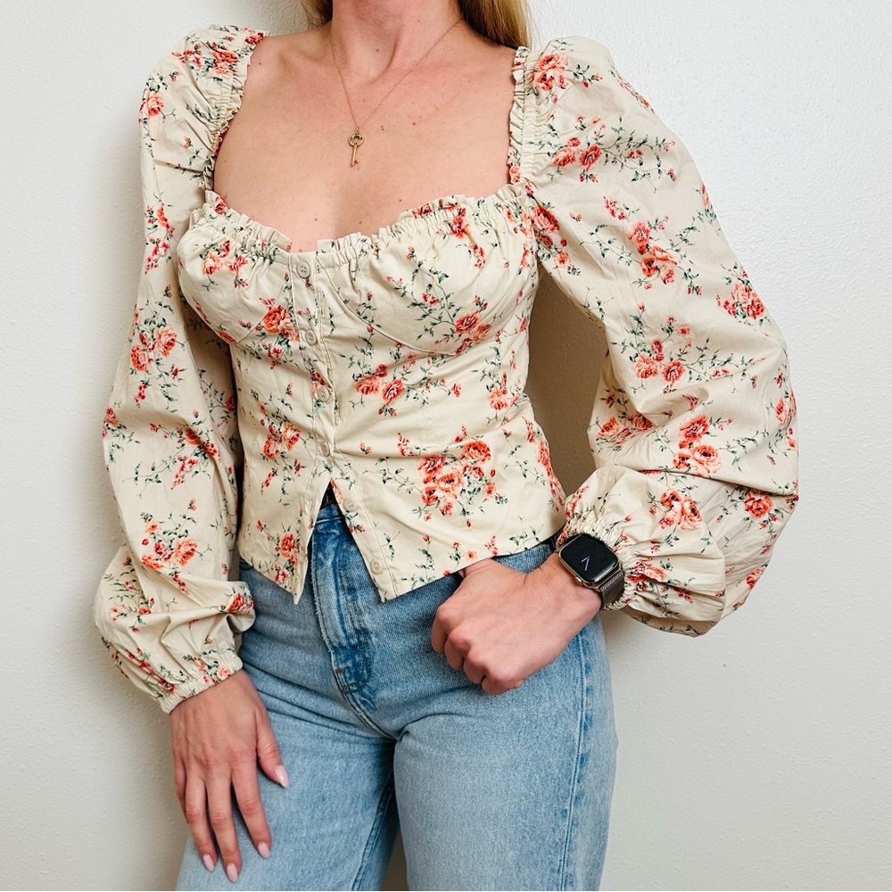 WeWoreWhat Floral Cream Cotton Blend Ruched Corset Style Long Sleeve Blouse Top